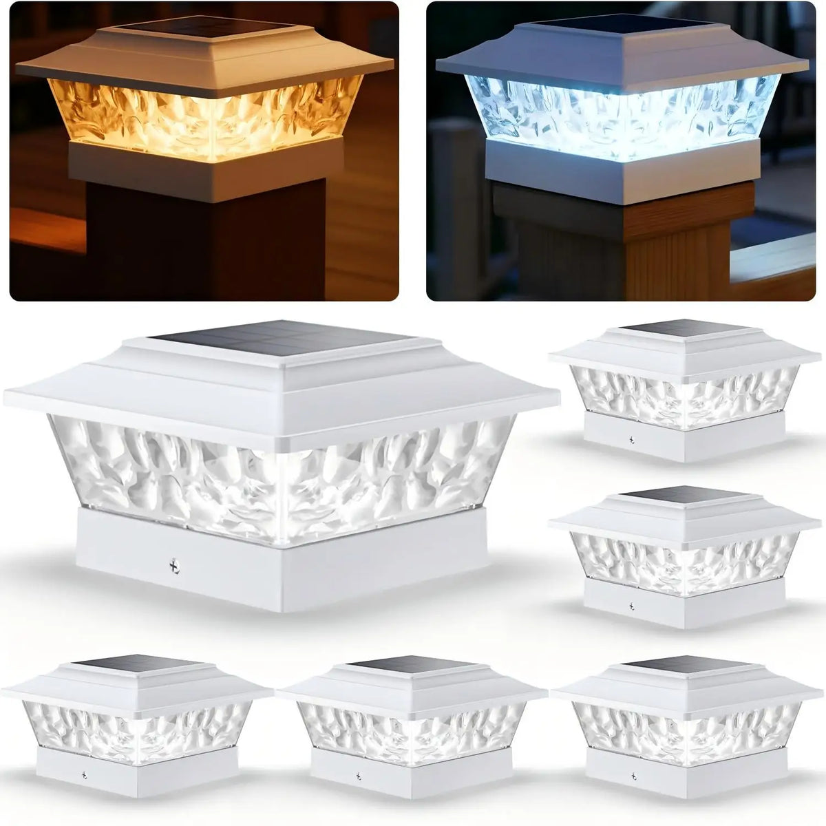 4/6/8 PacksSolar Post Cap Lights Outdoor LED, Warm White & Cool White Steady Dynamic Lighting Modes, IP65 Waterproof Solar Powered Fence Post Lights, Auto Dusk to Dawn, Fit 4x4 5x5 6x6 Wooden Vinyl Posts for Deck, Patio, Porc