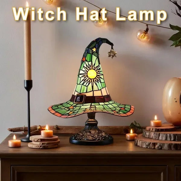 Stained Glass Resin Witch Hat Table Lamp for Gothic Decor