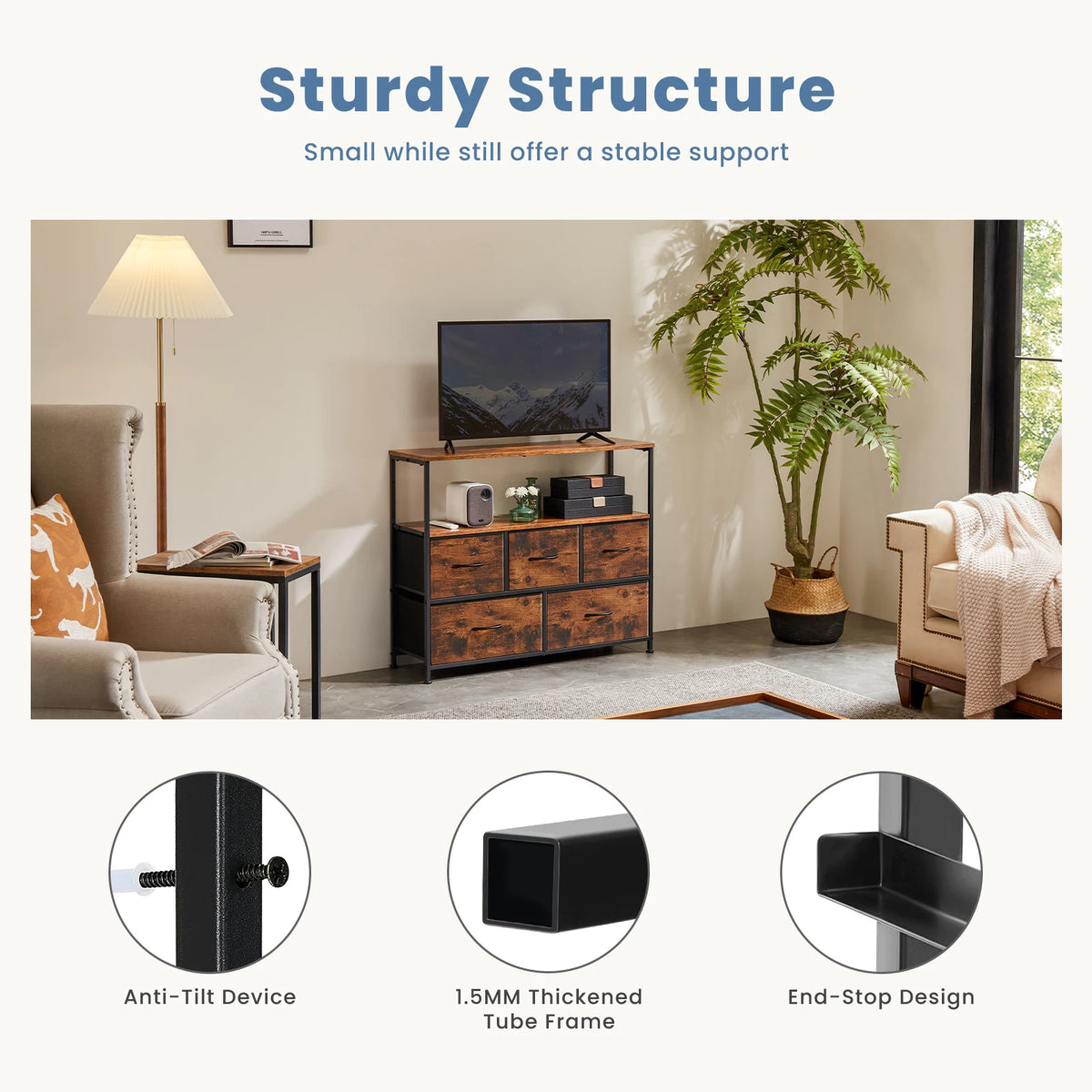 JHK Fireplace TV Stand Dresser For Bedroom With 5 Fabric Drawers Storage Closet Chest Clothes Storage Display Cabinet Furniture