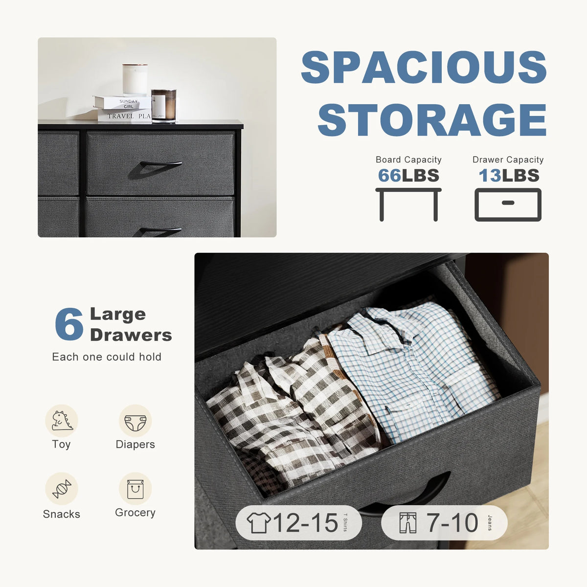 JHK Six Drawer Fabric Nightstand With Bedside Storage