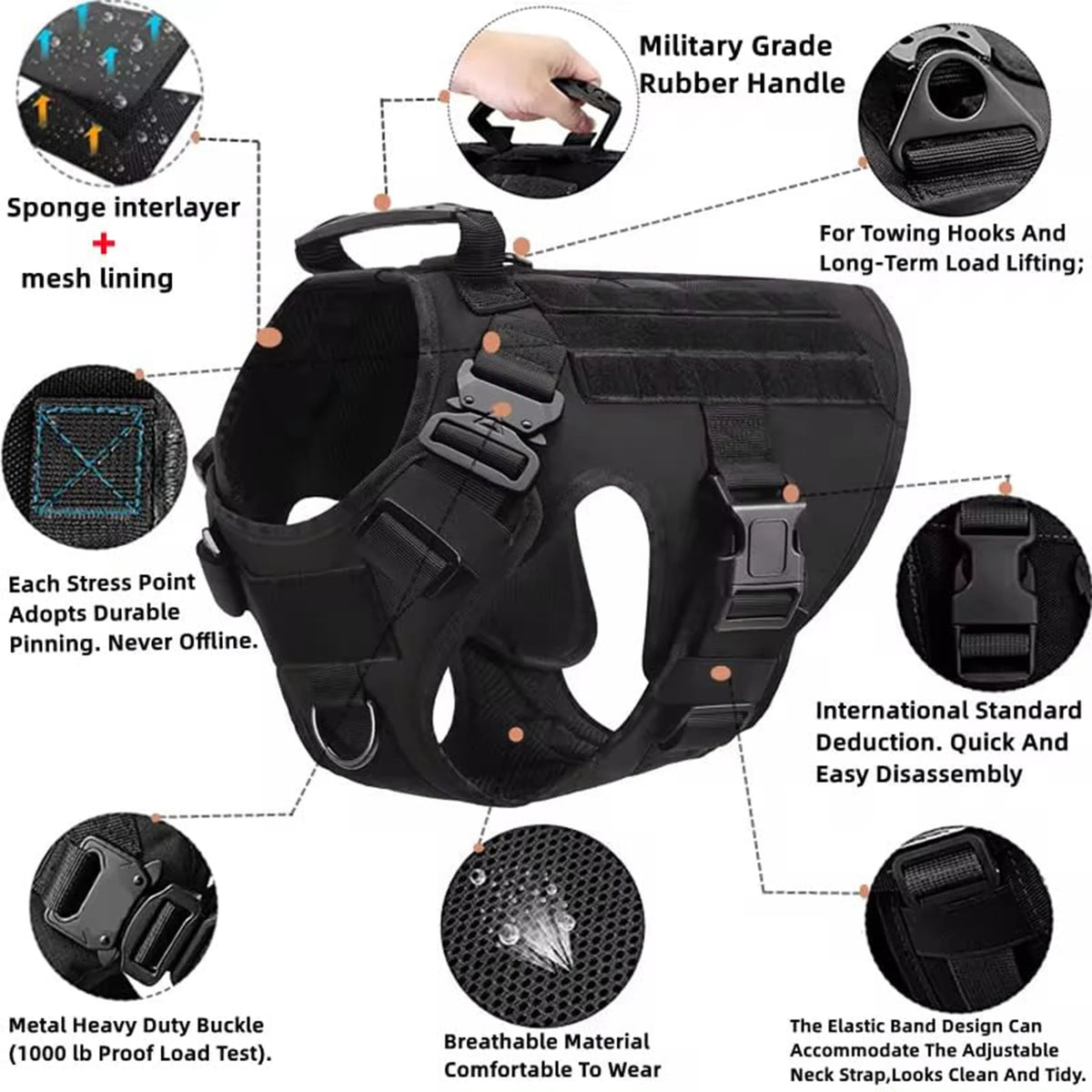 PETRAVEL Tactical Dog Harness With Molle Pouches Collar And Leash