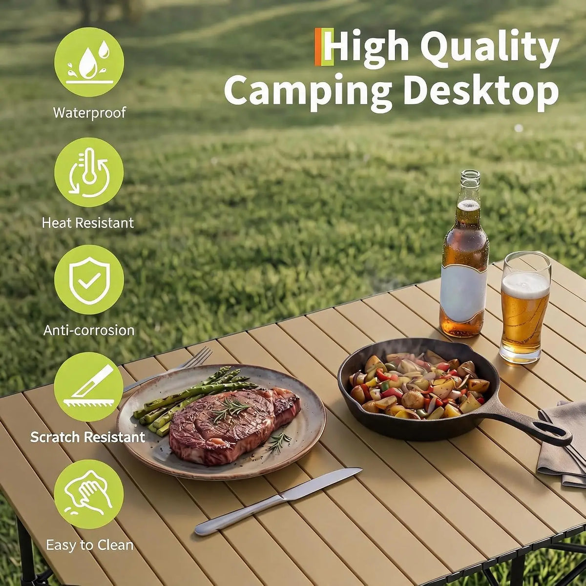 Folding Camping Table, Portable Aluminum Roll Up Table with Carrying Bag – Lightweight Waterproof Outdoor Picnic BBQ Patio Table for Camping, Beach, Backyard, Travel ﻿