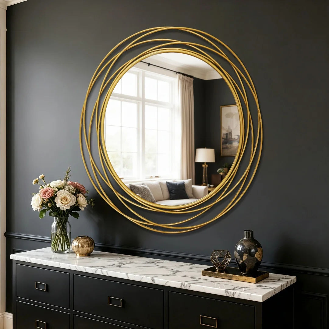 32 Inch Round Wall Mirror, Black Metal Iron Wire Frame Decorative Accent Mirror, Modern Wall Art Mirror for Living Room, Bedroom, Entryway and Home Decor