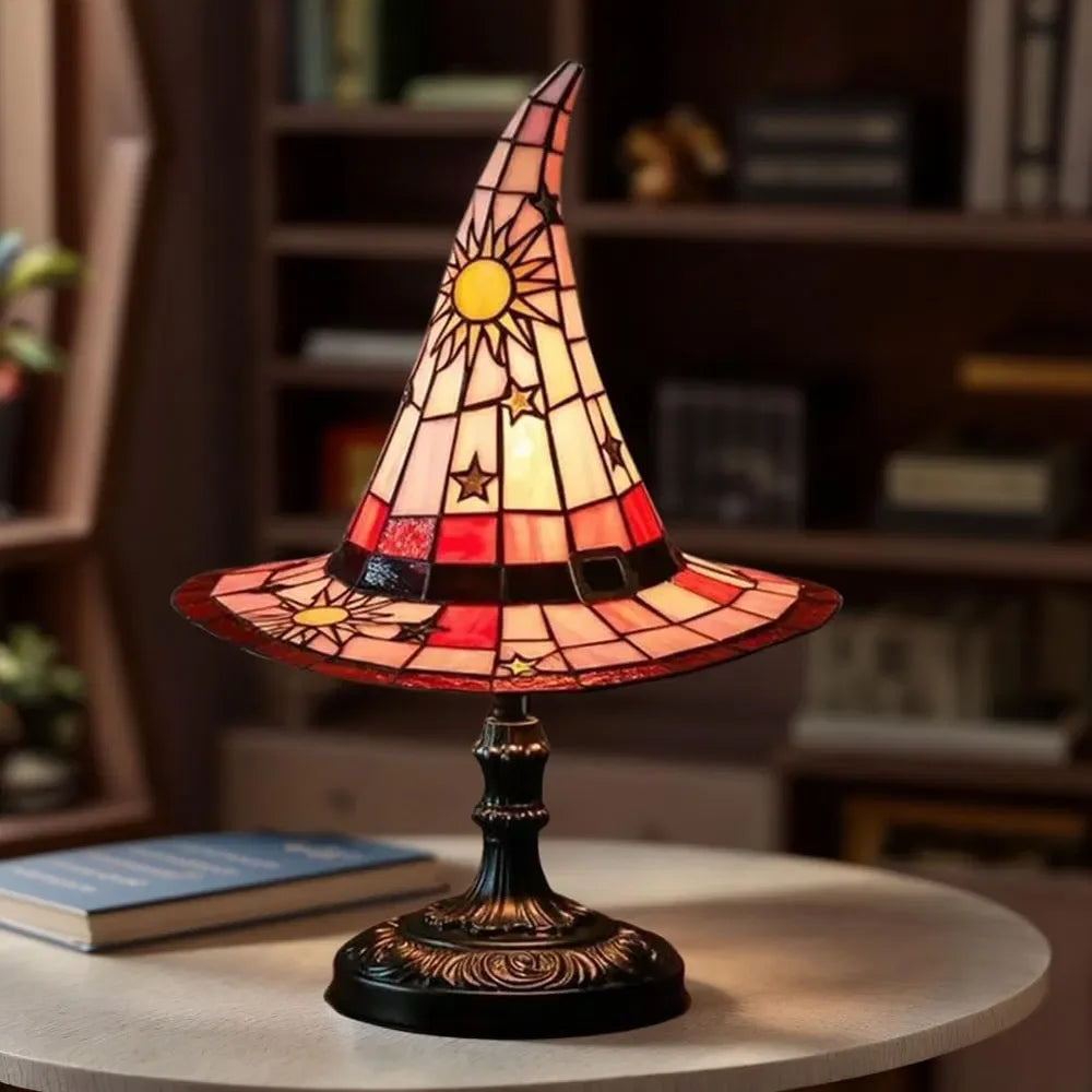 Stained Glass Resin Witch Hat Table Lamp for Gothic Decor