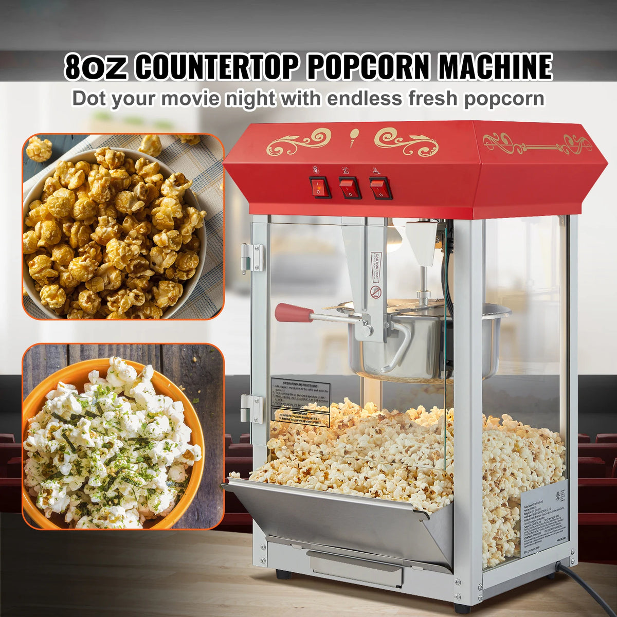 SucceBuy 8/12Oz Electric Popcorn Maker Commercial Popper Machine  Automatic Corn Cookware with Scoop Spoon SUS304 Heating Tube