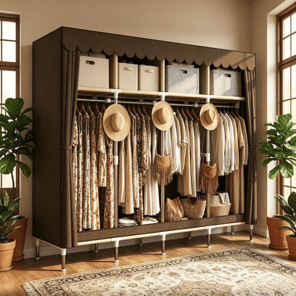 Large Capacity Dustproof Fabric Wardrobe Freestanding Clothes Closet with Top Storage Shelf Hanging Rod Heavy Duty Steel Frame Clothing Organizer for Bedroom Dorm Rental Apartment