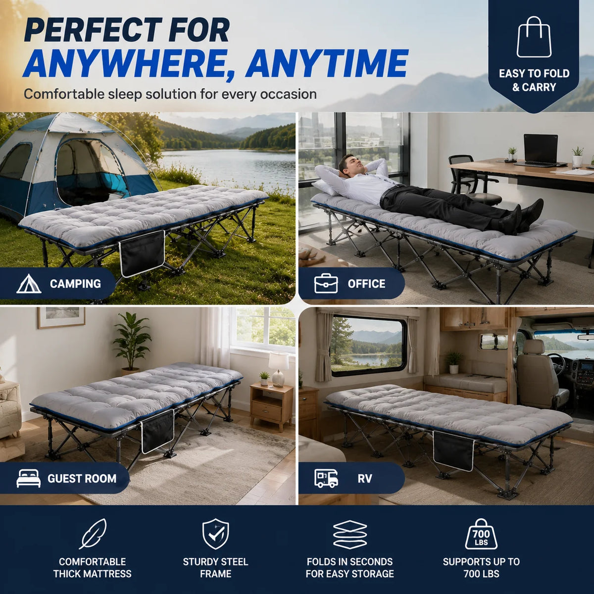 Portable Folding Camping Cot With Thick Padded Mattress For Adults