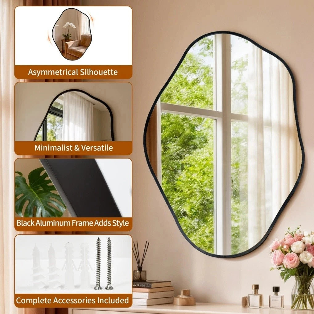 Asymmetrical Black Wall Mirror, Large Irregular Modern Wall Mounted Mirror with Aluminum Alloy Frame, Unique Freeform Decorative Art Mirror for Living Room, Bedroom, Entryway & Hallway