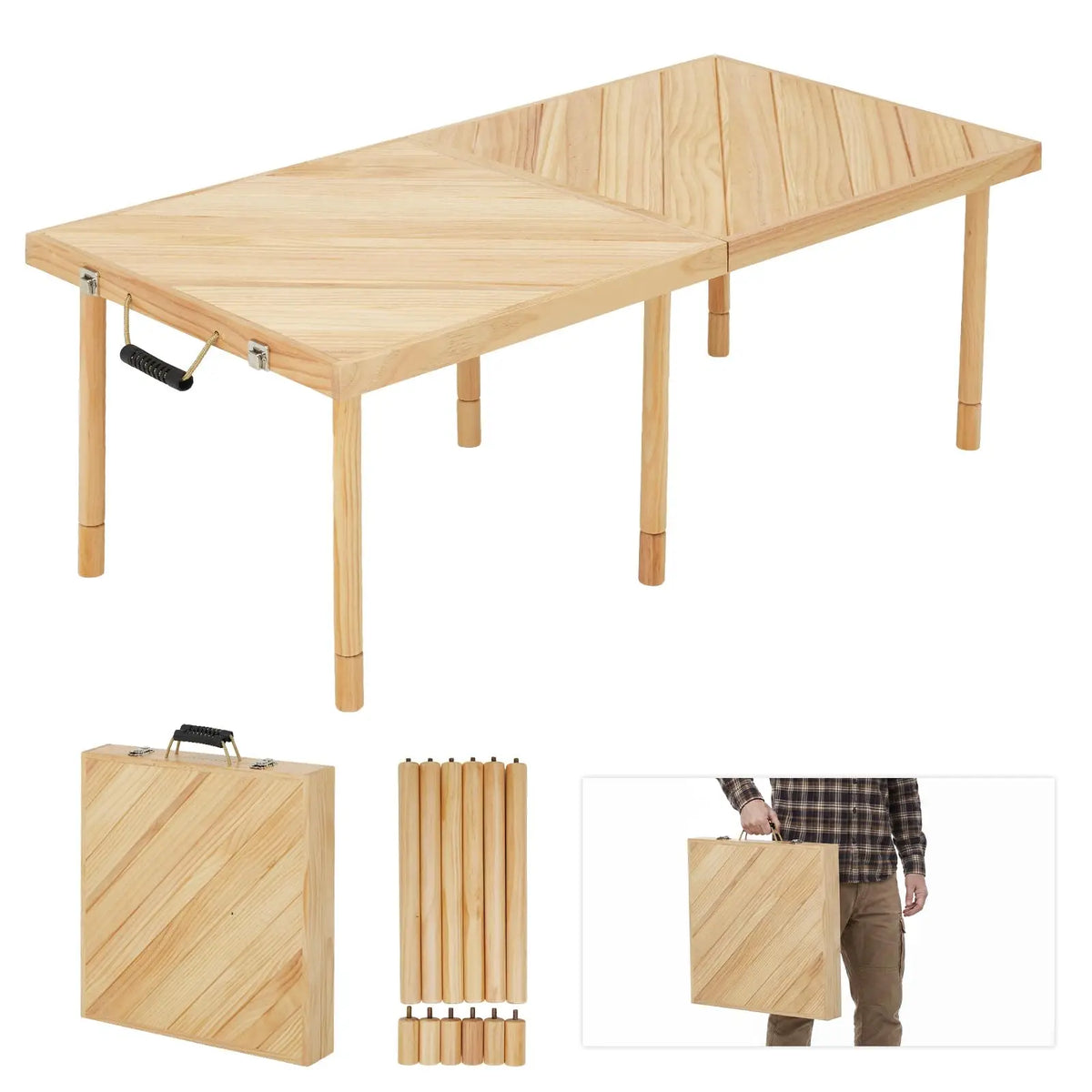 Outdoor Folding Picnic Table – Lightweight Sturdy Compact Solid Wood Table with Adjustable Height, Built-in Handles for Portable Camping & Patio Use, 60x30Inch/44.5x22Inch