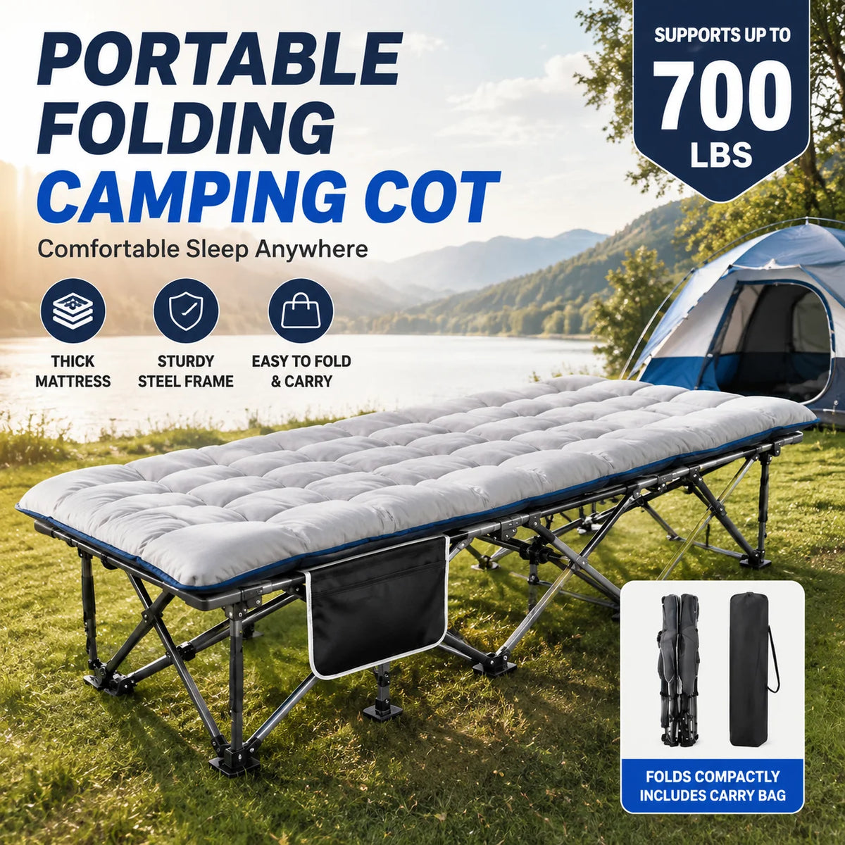 Portable Folding Camping Cot With Thick Padded Mattress For Adults
