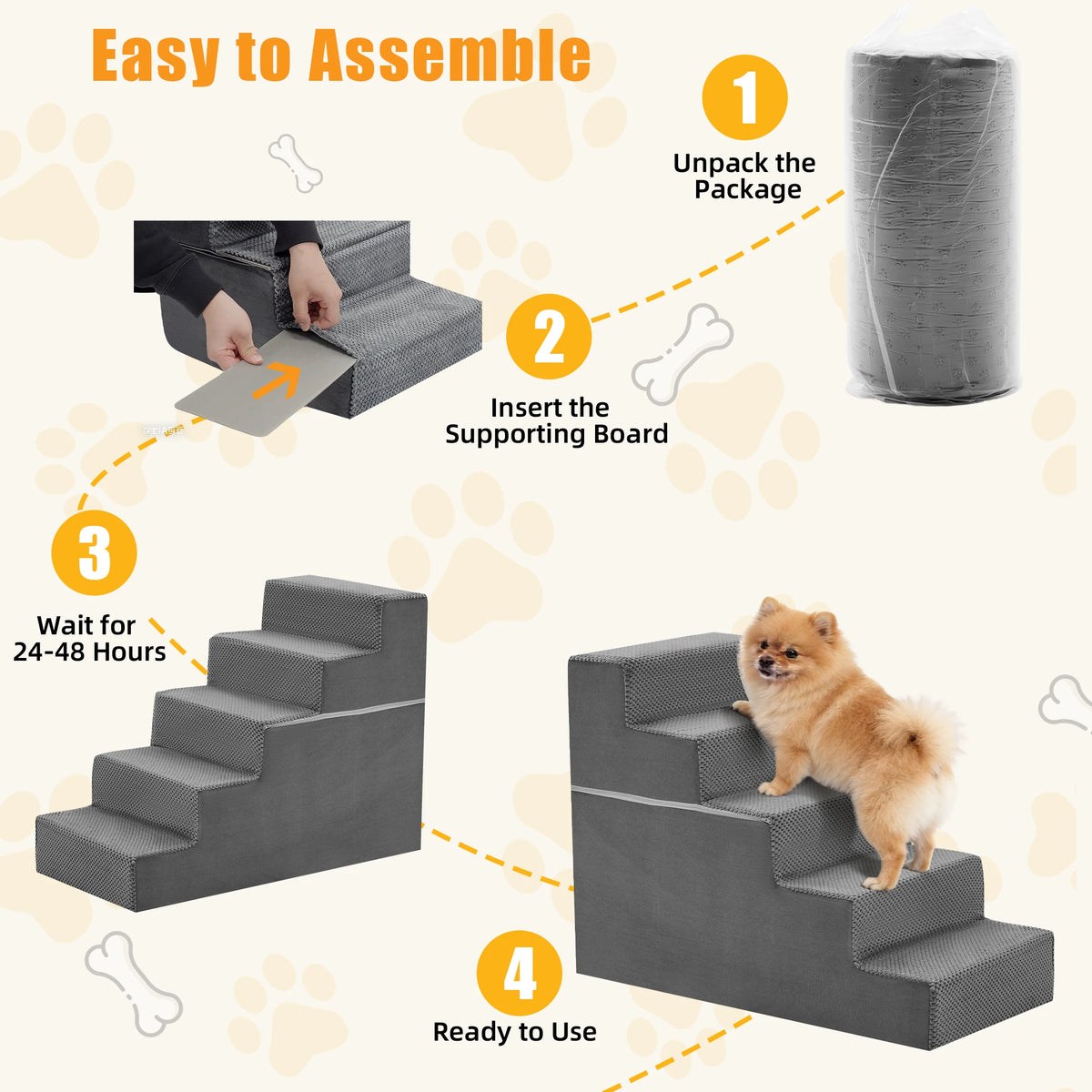 JHK Curved Foam Dog Stairs Ramp With Nonslip Pet Steps