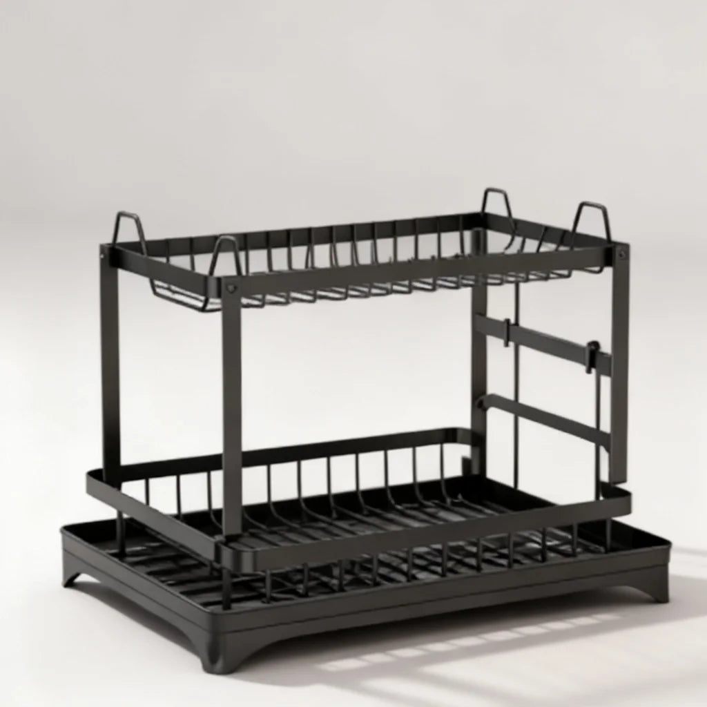 2-Tier Dish Drying Rack Rust-Proof Black 2-Tier Dish Drying Rack with Drain Tray for Kitchen Counter Organization Top Rated 2026